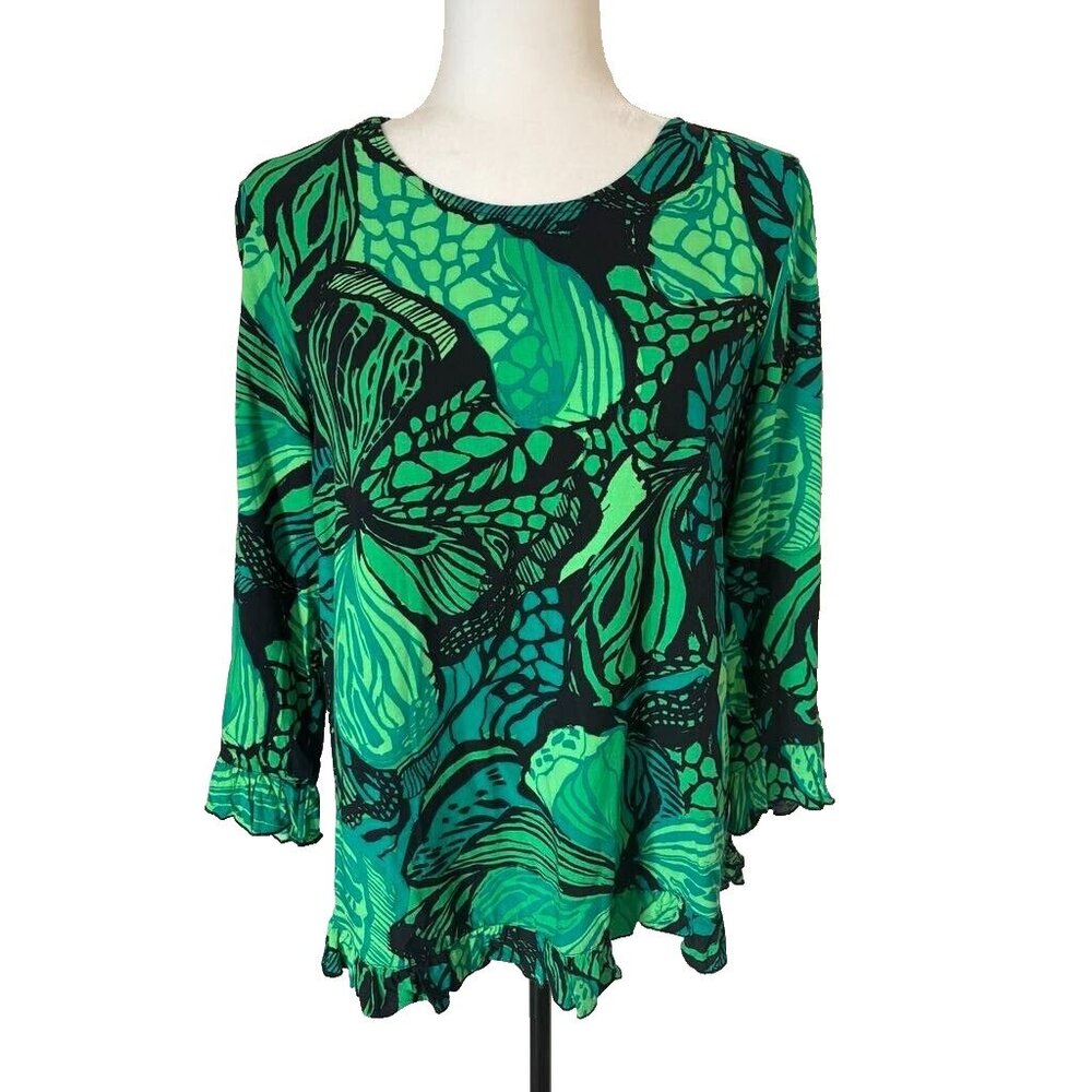 CLARITY Top Blouse Size Small 3/4 Sleeves Tropical Green Floral Ruffle Trim